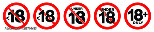 Photographie Under 18 not allowed sign. Number eighteen in red crossed circle.