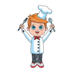 Sticker - Cute chef boy cartoon with utensils vector illustration graphic design