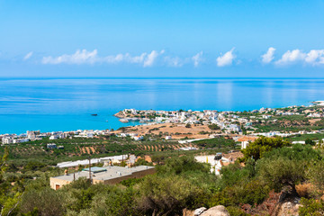 Wall Mural - Makrigialos unique skyline aerial view, south east Crete Greece. Popular Mediterranean travel destination vacation resort, unspoiled beaches, clear turquoise ocean waters. Travel destination concept. 