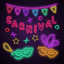 Purple Carnival Background With Neon Masks And Flags.
