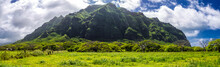 Kualoa Mountain Range Panoramic View, Famous Filming Location On Oahu Island, Hawaii