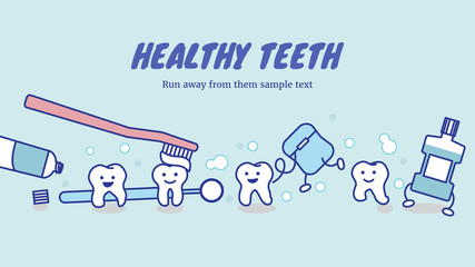 Happy healthy teeth and dental care equipment, dental care concpt in outline cartoon style