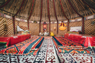 National traditional decoration of the yurt ceiling. Kazakhstani ornament. Vintage weaving of patterns. Yurt decoration. Wooden frame with patterns as an ethnic background, golden horde, Kazakhstan.