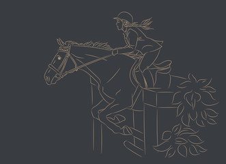 Beautiful girl at show jumping competition. Equestrian sport. Horsewoman and a horse are jumping over an obstacle, realistic gold outline vector illustration, dark background.