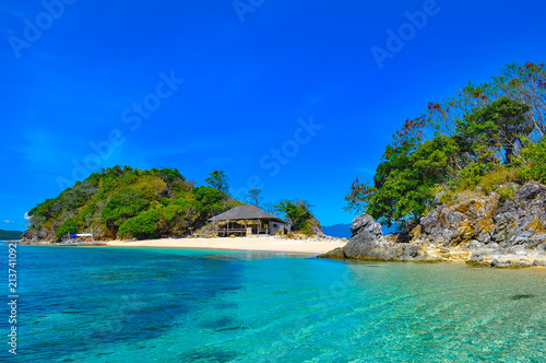 The Island With A Wooden Gazebo A Sandy Beach Crystal Clear Sea