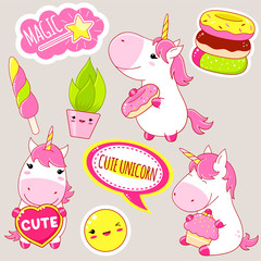 Wall Mural - Set of cute unicorns stickers in kawaii style