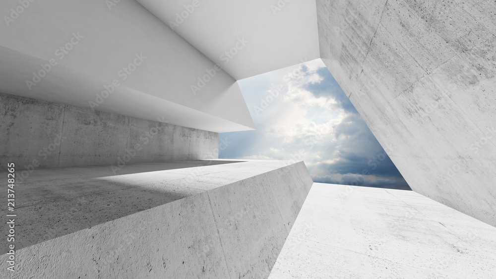 Empty white concrete interior with cloudy sky - obrazy, fototapety, plakaty 