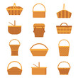 Wicker and willow picnic baskets set isolated on white background. Collection of various weaving hampers with handles. Flat straw basket icons.