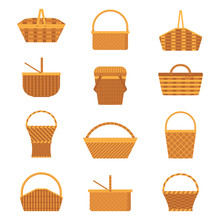Wicker And Willow Picnic Baskets Set Isolated On White Background. Collection Of Various Weaving Hampers With Handles. Flat Straw Basket Icons.