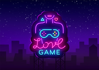 Wall Mural - Video Games Vector Conceptual Logo. Love Game neon sign, modern trend design, bright vector illustration, promotional character games, light banner. Vector Illustration. Billboard