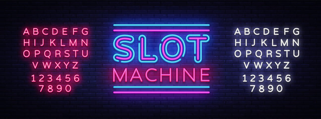 Wall Mural - Slot Machine sign vector design template. Slot Machine neon logo, light banner design element colorful modern design trend, night bright advertising, bright sign. Vector. Editing text neon sign