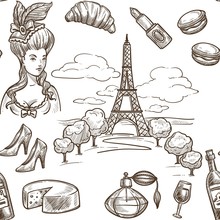 France Sketch Vector Seamless Pattern Background