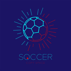 Soccer ball with radius frame logo icon outline stroke set dash line design illustration isolated on dark blue background with soccer text and copy space