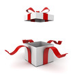 © masterzphotofo - Open gift box present box with red ribbon bow isolated on white background with shadow 3D rendering