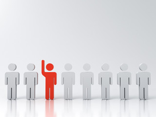 Fototapete - Stand out from the crowd and different creative idea concepts One red man raising his hand among other white people on white gray background with shadows and reflections 3D rendering