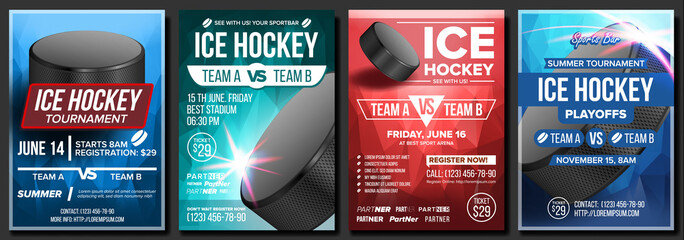 Canvas Print - Ice Hockey Poster Set Vector. Design For Sport Bar Promotion. Ice Hockey Puck. Modern Tournament. Sport Event Announcement. Ice Game. Cafe, Bar, Pub Banner Advertising. Winter. Label Template