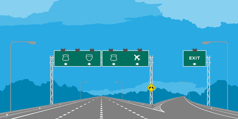 Y junction Highway or motorway and green signage in daytime illustration isolated on blue sky background