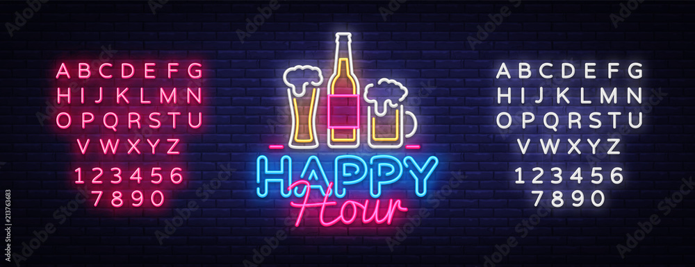 Happy Hour neon sign vector. Happy Hour Design template neon sign, Night Dinner, celebration light banner, neon signboard, nightly advertising, light inscription. Vector. Editing text neon sign - obrazy, fototapety, plakaty 