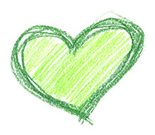 Big Bright Green Heart Hand Drawn In Bright Colored Pencils On Clean White Background