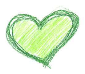 Wall Mural - Big bright green heart hand drawn in bright colored pencils on clean white background