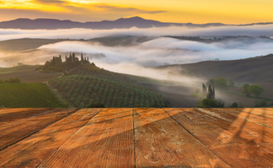 Wall Mural - wooden planks with Italian landscape on background. Ideal for product placement