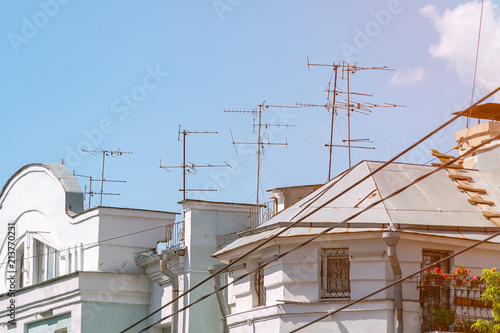 Tv Antenna On The Roof Of The House Against Blue Sky Buy This Stock Photo And Explore Similar Images At Adobe Stock Adobe Stock