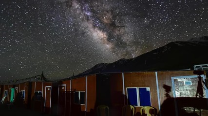 4k, timelapse, The Milky Way galaxy moving over mountains at Pangong Lake in Ladakh, North India. Noise and high ISO clip (Zoom-Out)