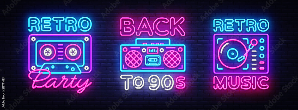 Back to 90s neon poster collection, card or invitation, design template. Retro tape recorder cassettes neon sign, gramophone symbol, light banner. Back to the 90s. Vector illustration - obrazy, fototapety, plakaty 