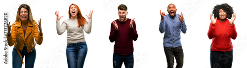 Fotomural Group of cool people, woman and man terrified and nervous expressing anxiety and