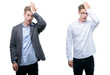 © Krakenimages.com - Young handsome blond business man wearing different outfits surprised with hand on head for mistake, remember error. Forgot, bad memory concept.