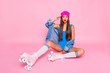 I want to kiss you! Full length size photo portrait of pretty attractive cute lovely lady sitting resting relaxing on floor isolated pastel bright background