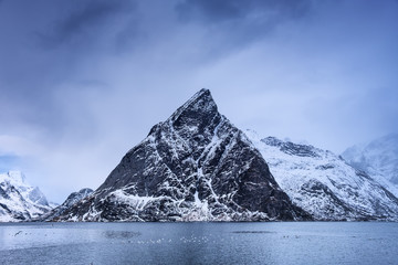 Wall Mural - High rocks in the Lofoten islands bay. Natural seascape in the Norway