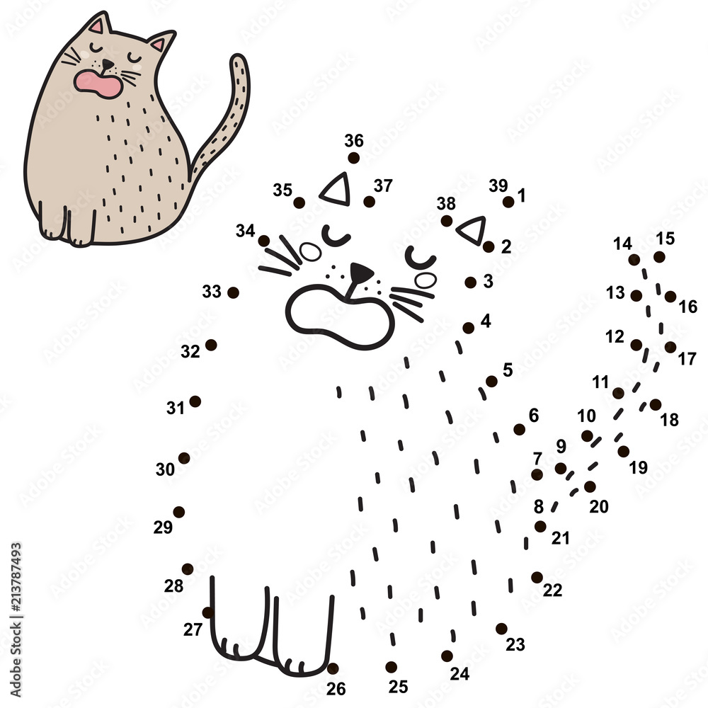 Numbers game for children. Connect the dots and draw a funny cat ...