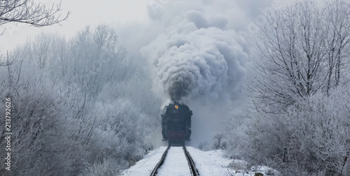 Fotografía steam locomotive with steam clouds in winter, front view, Slovakia