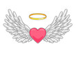 A pair of wide spread angel wings with golden halo or nimbus and red heart in the middle. Grey and white feathers. Love and Valentine day symbol. Vector illustration