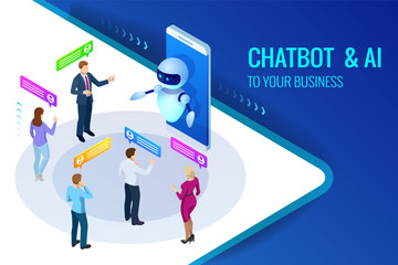 Isometric artificial intelligence. Chat bot and future marketing. AI and business IOT concept. Mans and women chatting with chatbot application. Dialog help service. Vector illustration.