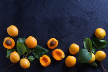 Apricots On Black Background, Close-up. Fruit Banner. Selection Of Healthy Vegetarian Food, Detox Or Diet Concept, Room For Text. Overhead, Horizontal