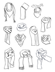 Wall Mural - Contours of scarves for girls, nice different models for autumn, isolated on white background