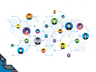 Wall Mural - People connected by social media or social networks. Concept of communication, business, globalization. People icons, world map, hexagon design with lines in white technology background.