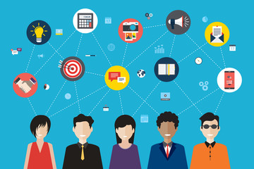 Wall Mural - social network and teamwork concept for web banner and infographic. icons set of calculator, megapho