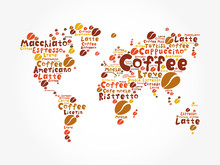 Coffee Drinks Word Cloud In World Map, Concept Background