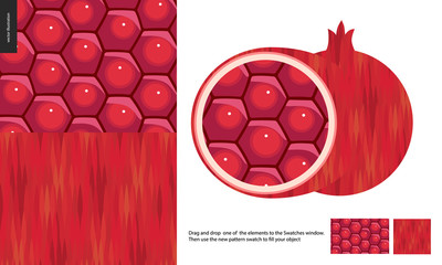 Food patterns, fruit, flat vector illustration - two vector seamless patterns of pomegranate pulp - hexagonal shining grains and seeds, and rind - red uneven colored striped simple geometrical texture