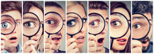Group Of Curious Women And Men Looking Through A Magnifying Glass