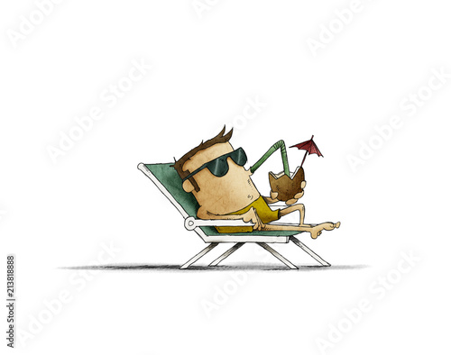 Fotografia man with sunglasses on the beach relaxing and drinking cocktail under the heat of the sun
