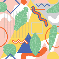 Wall Mural - Vector colorful seamless abstract pattern with tropical leaves. Design from 90-s for print and wallpaper with simple geometric shapes and exotic plants.