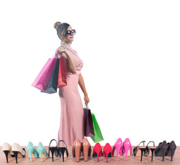 Girl full of bags does shopping in a store