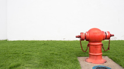 red fire hydrant sits in a freshly cut grass field on white background