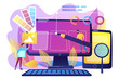 Designers are working on the desing of web page. Web design, User Interface UI and User Experience UX content organization. Web design development concept. Violet palette. Vector illustration