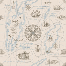 Vector Abstract Seamless Background On The Theme Of Travel, Adventure And Discovery. Old Hand Drawn Map With Vintage Sailing Yachts, Wind Rose, Routs, Nautical Symbols And Handwritten Inscriptions