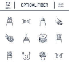 optical fiber flat line icons. network connection, computer wire, cable bobbin, data transfer. thin 
